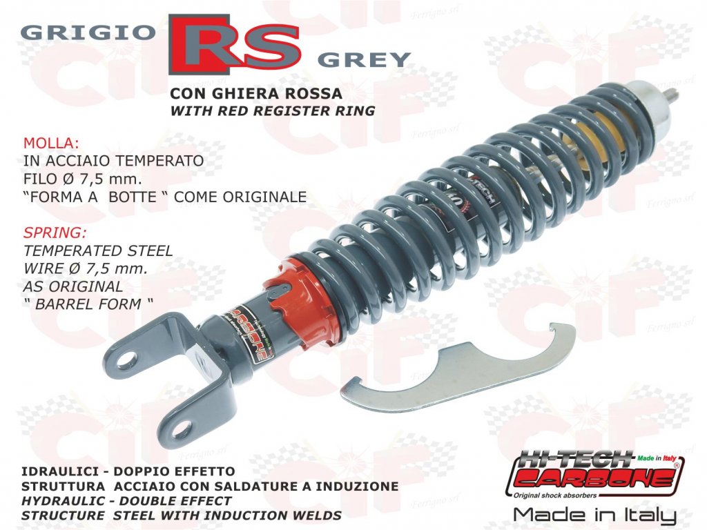Ammortizzatore posteriore versione sport regolabile GRIGIO RS per Vespa 50/90/125/150/160/180/200 N-L-R-Special-Primavera- GT-GTR-Sprint-Rally-PX-PE 