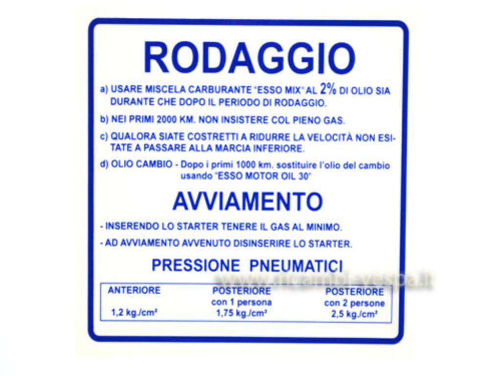 Adesivo indicazioni di Rodaggio, miscela al 2%, 4 marce colore blu. per Vespa 180/200 Rally 