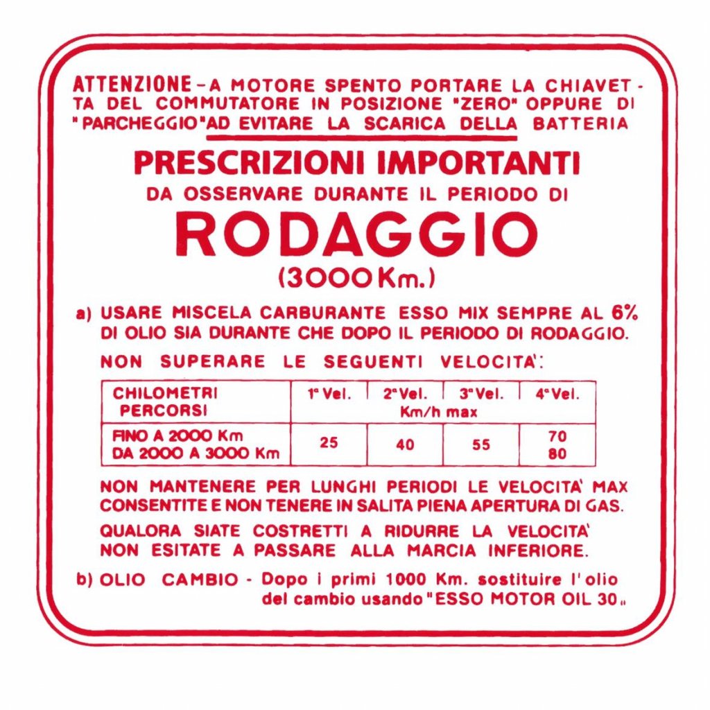 Adesivo indicazioni di Rodaggio, miscela al 6%, 4 marce colore rosso per Vespa 150 GS 