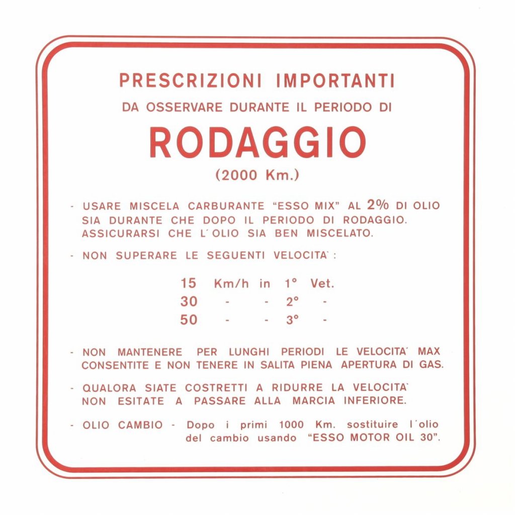 Adesivo indicazioni di Rodaggio, miscela al 2%, 3 marce colore rosso per Vespa 125 VNA/​VNB/​150 VBA 