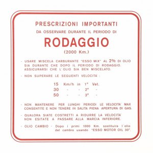 Adesivo indicazioni di Rodaggio, miscela al 2%, 3 marce colore rosso per Vespa 125 VNA&#x2F;​VNB&#x2F;​150 VBA 