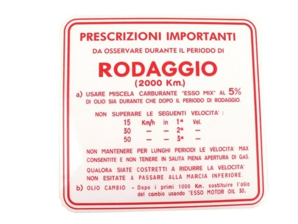 Adesivo indicazioni di Rodaggio, miscela al 5%, 3 marce colore rosso. 